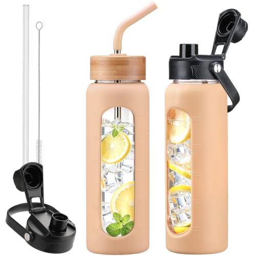 Glass Water Bottle with Straw and 2 Lids