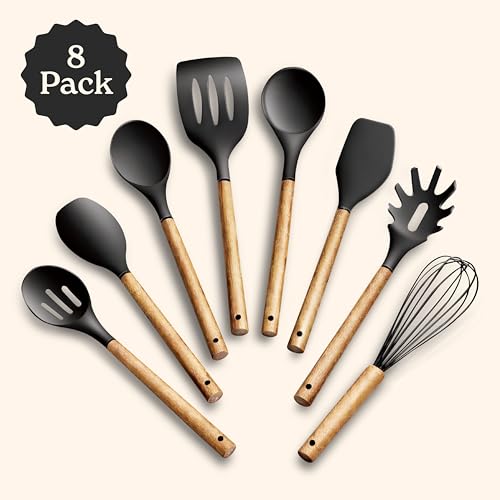 Non Stick Silicone Utensil Set with Rounded Wood Handles for Cooking and Baking (8 Piece Set / Black)