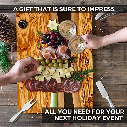 Handcrafted Italian Olive Wood Cheese & Charcuterie Board Set with Unique Black Resin Artwork