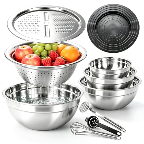 Stainless Steel Mixing Bowls with Lids and Colander Set (Black)