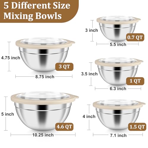 Metal Mixing Bowls with Lids Set (Khaki / Visible Airtight Lids)