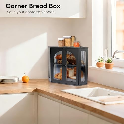 Corner Bread Box for Kitchen Countertop (Black)