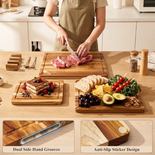 Teak Wood Cutting Board for Kitchen with Storage Stand (Teak brown / 3-Piece Cutting Board Set with Stand)