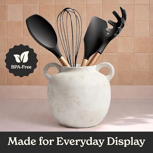 Non Stick Silicone Utensil Set with Rounded Wood Handles for Cooking and Baking (8 Piece Set / Black)