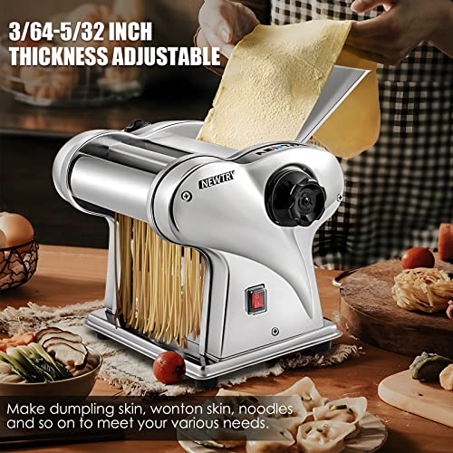 Electric Pasta Maker Noodle Maker Pasta Making Machine Dough Roller Cutter Thickness Adjustable Stainless Steel US 110V for Family Use 2 Blades Type (1.5mm Round+4mm Flat Noodle)