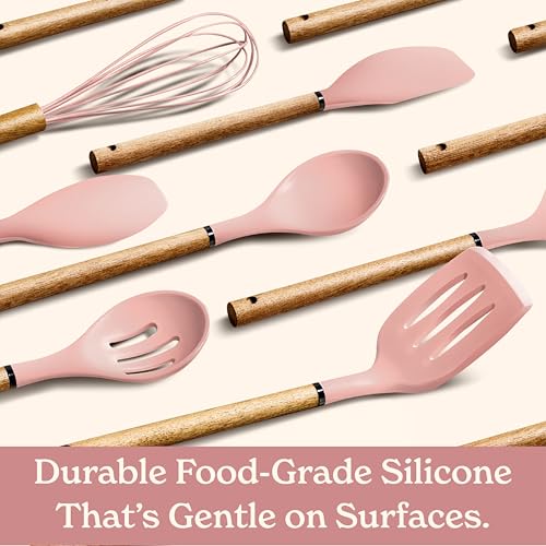 Non Stick Silicone Utensil Set with Rounded Wood Handles for Cooking and Baking (8 Piece Set / Pink)