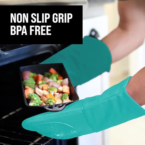 BPA Free Soft Silicone Oven Mitts (Turquoise / 2-Piece 13.7" Oven Mitts)