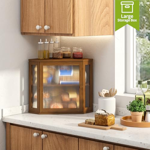 Corner Bread Box for Kitchen Countertop Double Layer Bamboo Wooden Bread box Large Capacity Bread Storage Bin (Brown / Medium)
