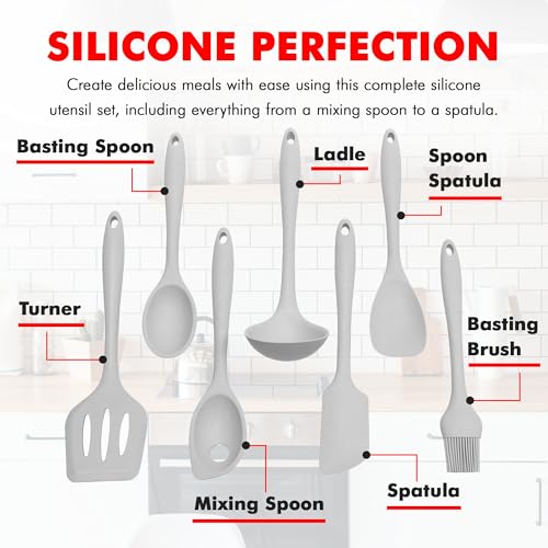 Premium Silicone Kitchen Tools and Utensils Set (7 Piece Set / Gray)