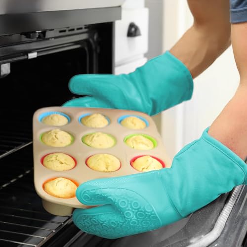 BPA Free Soft Silicone Oven Mitts (Turquoise / 2-Piece 13.7" Oven Mitts)