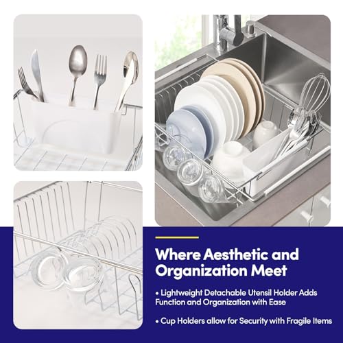 Dish Drying Rack Over The Sink Expandable to 24.5" Dish Drainer (White / 15.75" x 12" x 5")