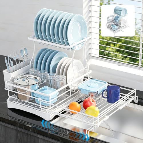 2 Tier Dish Drying Rack (White / 2-Tier Dish Rack 16.7"W X 14.8"H 12.8"-20.8")
