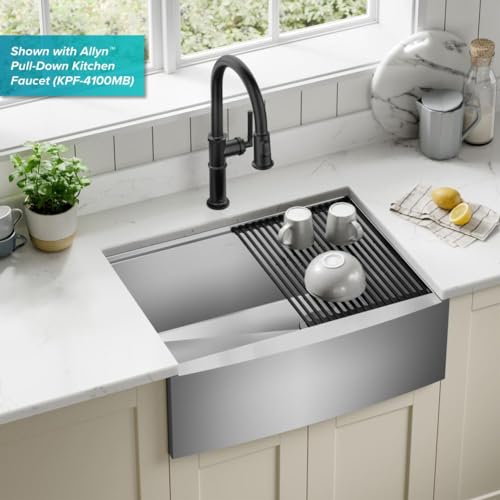 Kore 27 Inch Farmhouse Workstation 16 Gauge Stainless Steel Kitchen Sink with Accessories (27 Inch / Rounded Farmhouse / Stainless Steel)