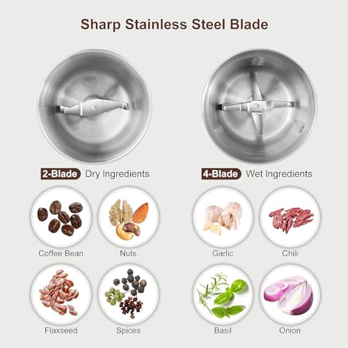 Electric Coffee Grinder and Spice Grinder with Stainless Steel Blades & Removable Bowls