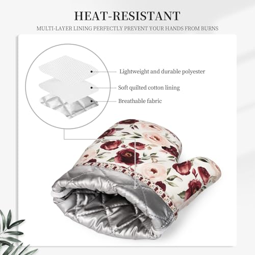 Oven Mitts Pot Holders Set Rose Flower Watercolor Floral Silicone Kitchen Gloves Potholders Heat Resistant for Chef Baking Cooking Grilling BBQ 4 Pack Mitt (C013)