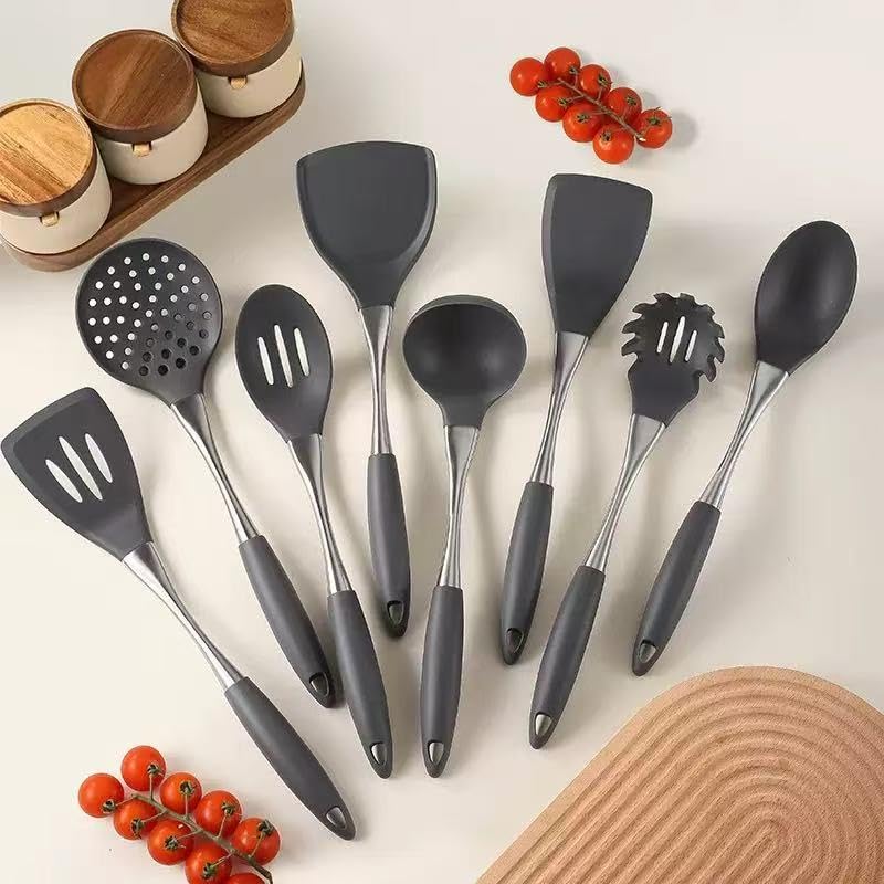 8 Piece Silicone Kitchen Utensil Set (Grey & silvery)