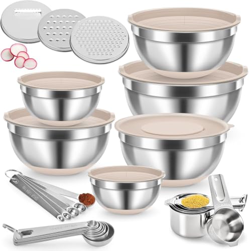 30PCS Mixing Bowls Measuring Cups and Spoons Set (Khaki / 9+7+14 - Bowls & Cups & Spoons)
