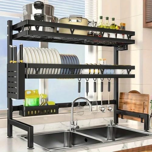 3 Tier Over Sink Dish Draining Rack Adjustable Width and Height with Phone Holder Cup Holder