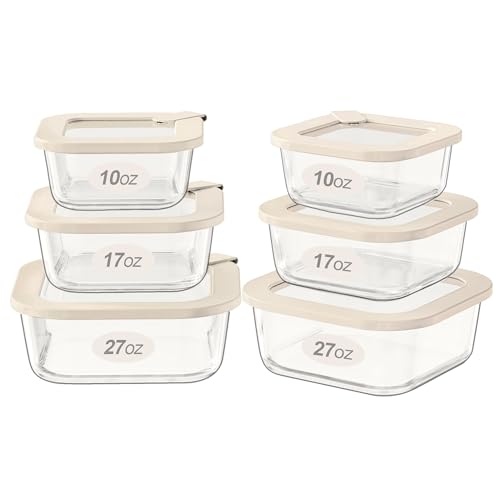 Glass Food Storage Containers with Glass Lids (‎Ivory White -6p)