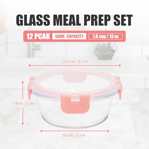 12pack 13oz Small Glass Food Storage Containers with Lids (13oz, 12 Pack - Pink Set, Same Size)