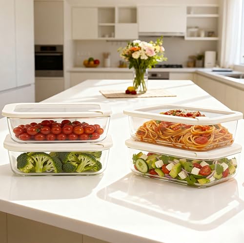 Glass Food Storage Containers with Glass Lids (‎Ivory White -4s)