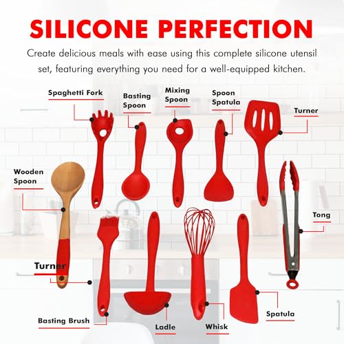 Premium Silicone Kitchen Tool and Utensil Set (11 Piece Set / Red)