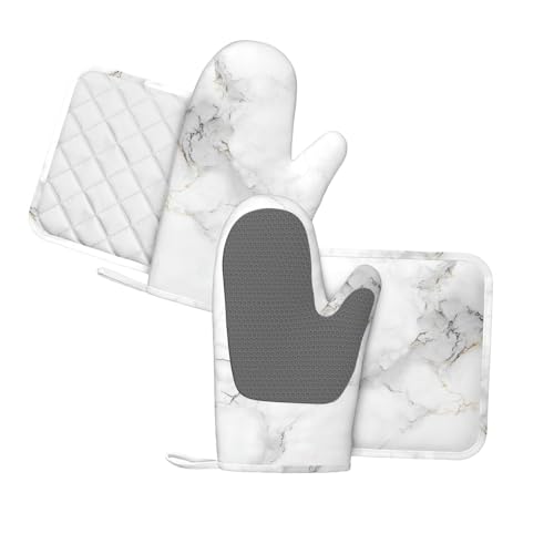 Oven Mitts Pot Holders Set White Marble Gray Silicone Kitchen Gloves Potholders Heat Resistant for Chef Baking Cooking Grilling BBQ 4 Pack Mitt (B112)