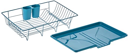 3 Piece Dish Drainer Rack Set with Drying Board and Utensil Holder (Teal)