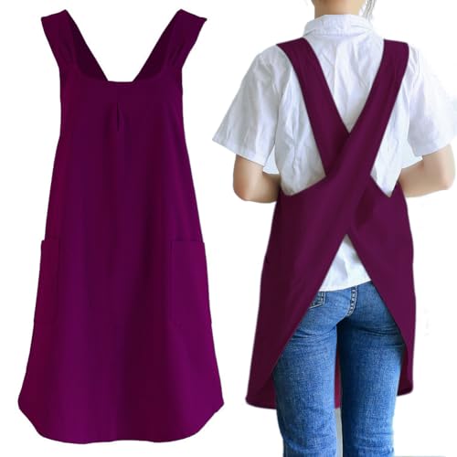 Japanese Cotton Linen Cross Back Cooking Apron for Women Men with Pockets Cute for Baking Kitchen