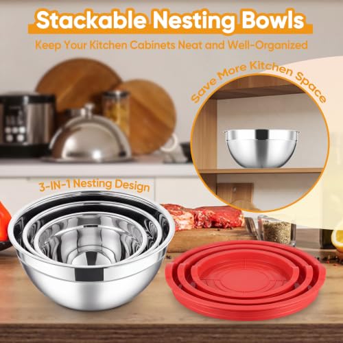 Stainless Steel Mixing Bowls with Lids Set of 3 (Red / 4.6, 3, 1.5QT)