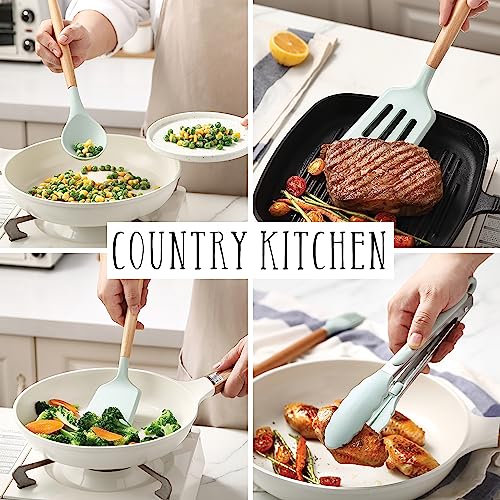 Non Stick Silicone Utensil Set with Rounded Wood Handles for Cooking and Baking (14 Piece Set / Mint)