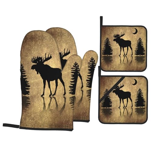 Oven Mitts and Pot Holders Sets of 4 High Heat Resistant Oven Mitts with Oven Gloves and Hot Pads Polyester Potholders for Kitchen Baking Grilling BBQ Non
