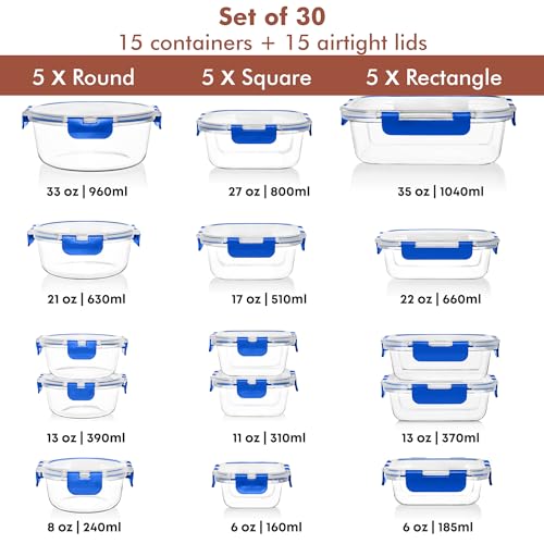 30 PC Glass Food Storage Containers with Lids (Blue)