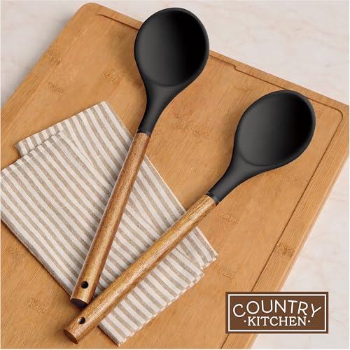 Non Stick Silicone Utensil Set with Rounded Wood Handles for Cooking and Baking (8 Piece Set / Black)