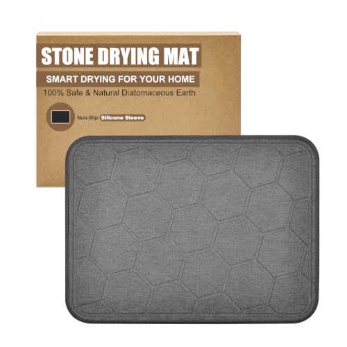 Stone Dish Drying Mat with Silicone Sleeve (Grey- Honeycomb Pattern / 15.7" x 11.8")