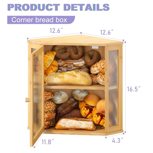 Corner Bread box for Kitchen Countertop (Natural / Extra Large)