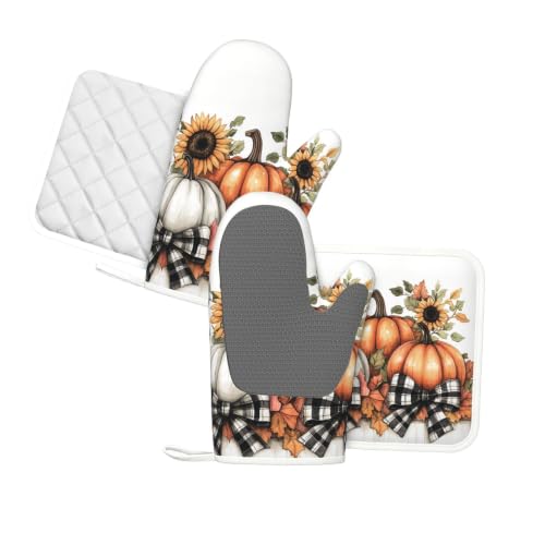 Oven Mitts and Pot Holders Set Pumpkin Thanksgiving Fall Silicone Kitchen Accessories 4 Piece Heat Resistant Long Gloves Potholder Non (C03)