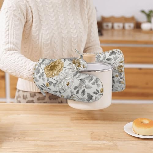 Oven Mitts Pot Holders Set Rustic Flower Peony Floral Silicone Kitchen Gloves Potholders Heat Resistant for Chef Baking Cooking Grilling BBQ 4 Pack Mitt (B0118)