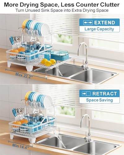 Large Expandable 2 Tier Dish Drying Rack (White / 2-Tier, Expandable 14.4"-22.4" W)