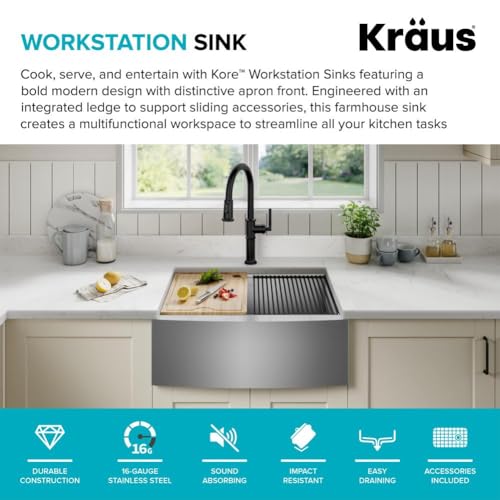 Kore 27 Inch Farmhouse Workstation 16 Gauge Stainless Steel Kitchen Sink with Accessories (27 Inch / Rounded Farmhouse / Stainless Steel)