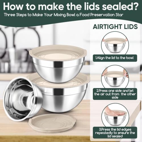 Stainless Steel Mixing Bowls with Lids Set of 3 (Khaki / 4.6, 3, 1.5QT)