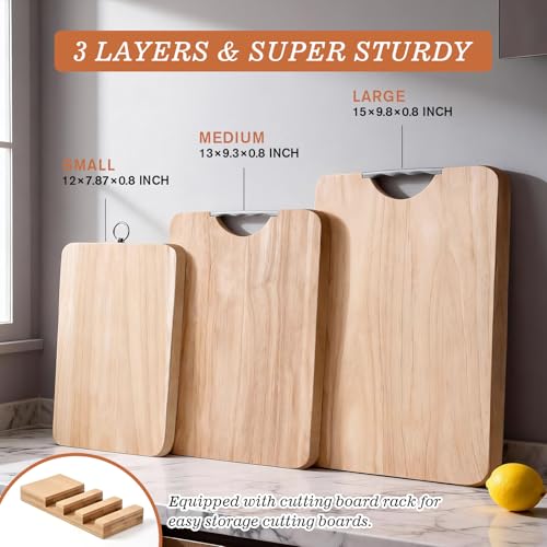 Wooden Cutting Board Set of 4 with Holder Solid Wood Chopping Boards for Kitchen with Juice Grooves Thick Large Cutting Board
