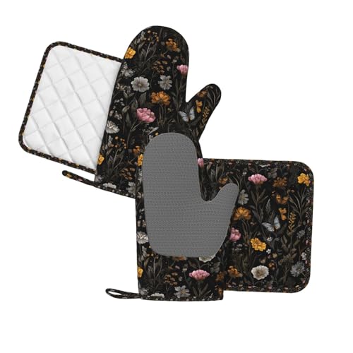 Oven Mitts and Pot Holders Flower Butterfly Boho Botanical Silicone Kitchen Accessories Set of 4 Heat Resistant Long Gloves Potholder Non (A063223)
