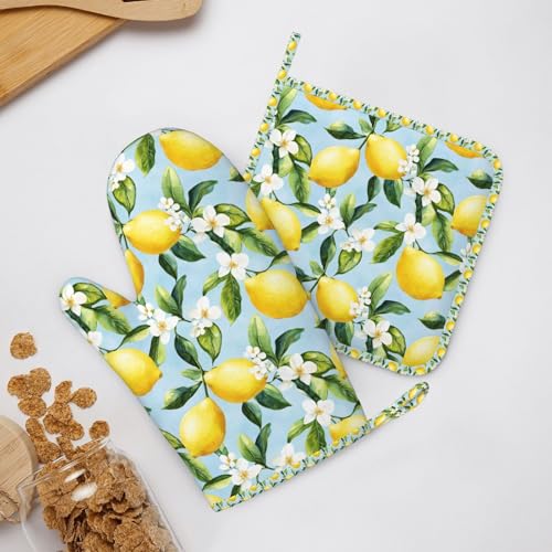 Oven Mitts Pot Holders Set Lemon Watercolor Flower Silicone Kitchen Gloves Potholders Heat Resistant for Chef Baking Cooking Grilling BBQ 4 Pack Mitt (C091)