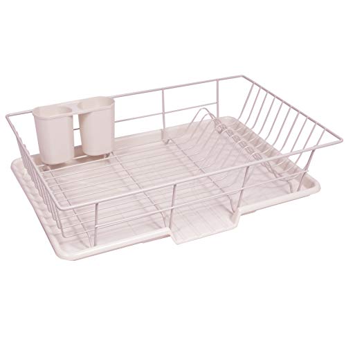 3 Piece Dish Drainer Rack Set with Drying Board and Utensil Holder (Pale Pink)