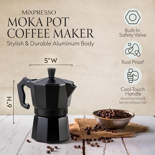 3 Cup Moka Pot Stovetop Espresso Maker (Black / 3 Espresso Cups)