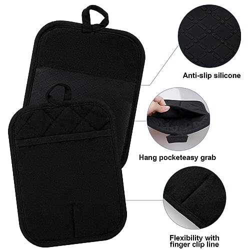 Oven Mitts and Pot Holders with Cooking Apron Set of 5 (Black)