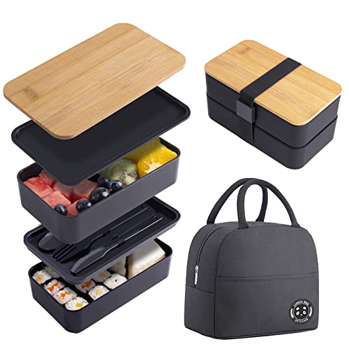 Stackable Lunch Container with Bamboo Lid Bento Box for Adult with Lunch Bag and Flatware Set