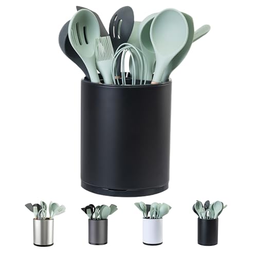Kitchen Utensil Holder Extra Large 360°Rotating For Counter Organizer Stainless Steel Storage Cooking Silverware Caddy 3 Compartment Flatware Spoon Spatula Tool Cutlery Container
