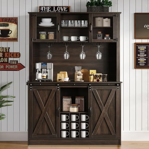Farmhouse Coffee Bar Cabinet with 6 Hooks